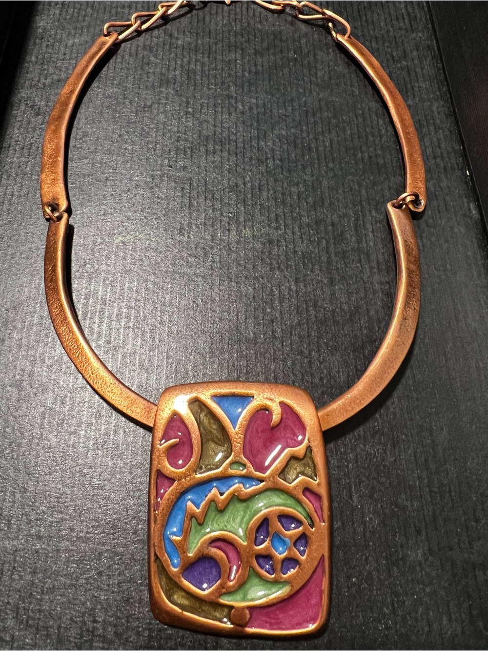 Vintage 80-90’ Copper Tone Multicolor Enamel Pendant Necklace